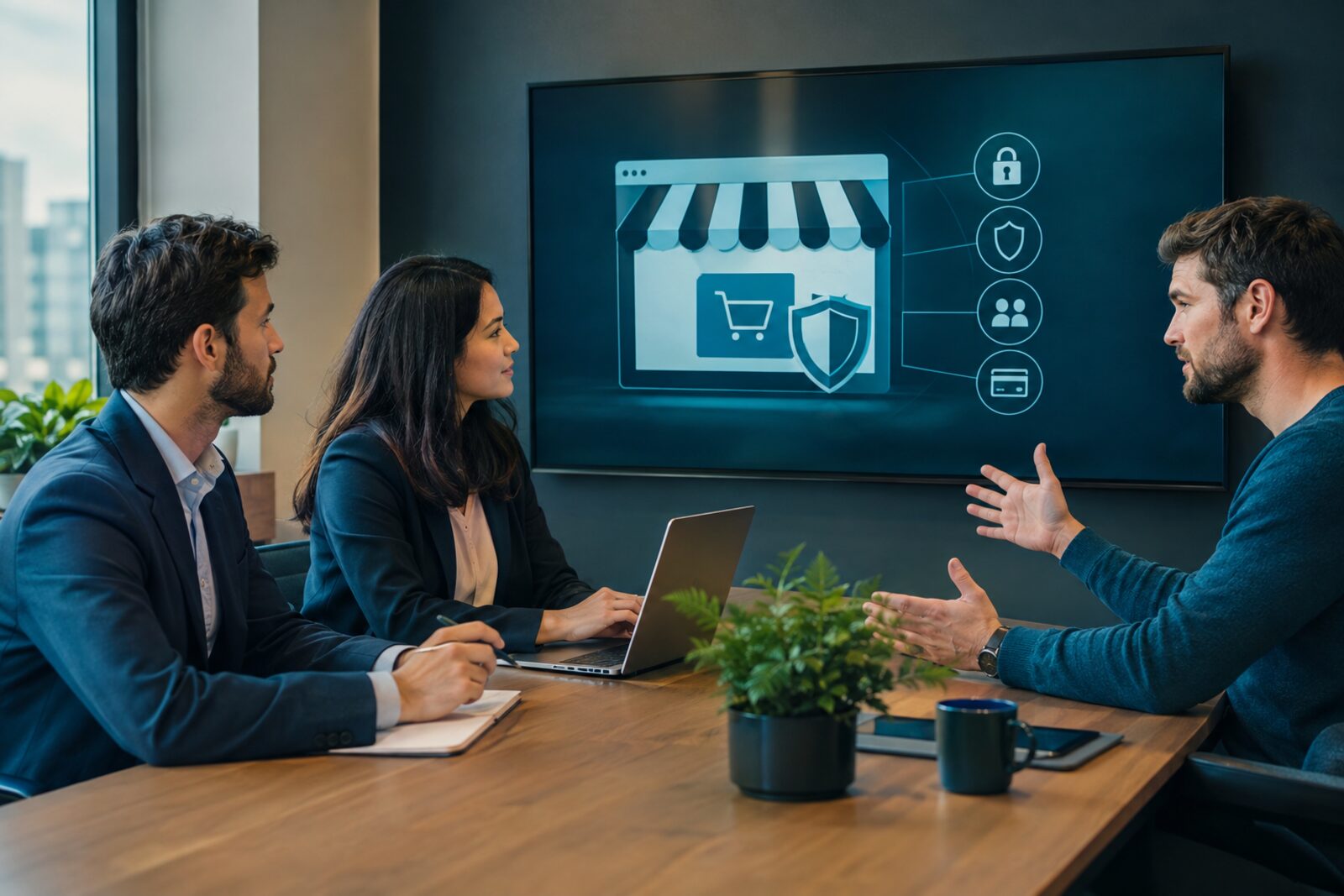 Consultants meeting with a store owner